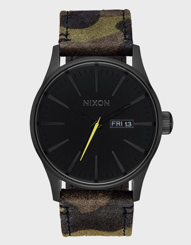 Nixon Sentry Leather Watch - Black/Camo/Volt