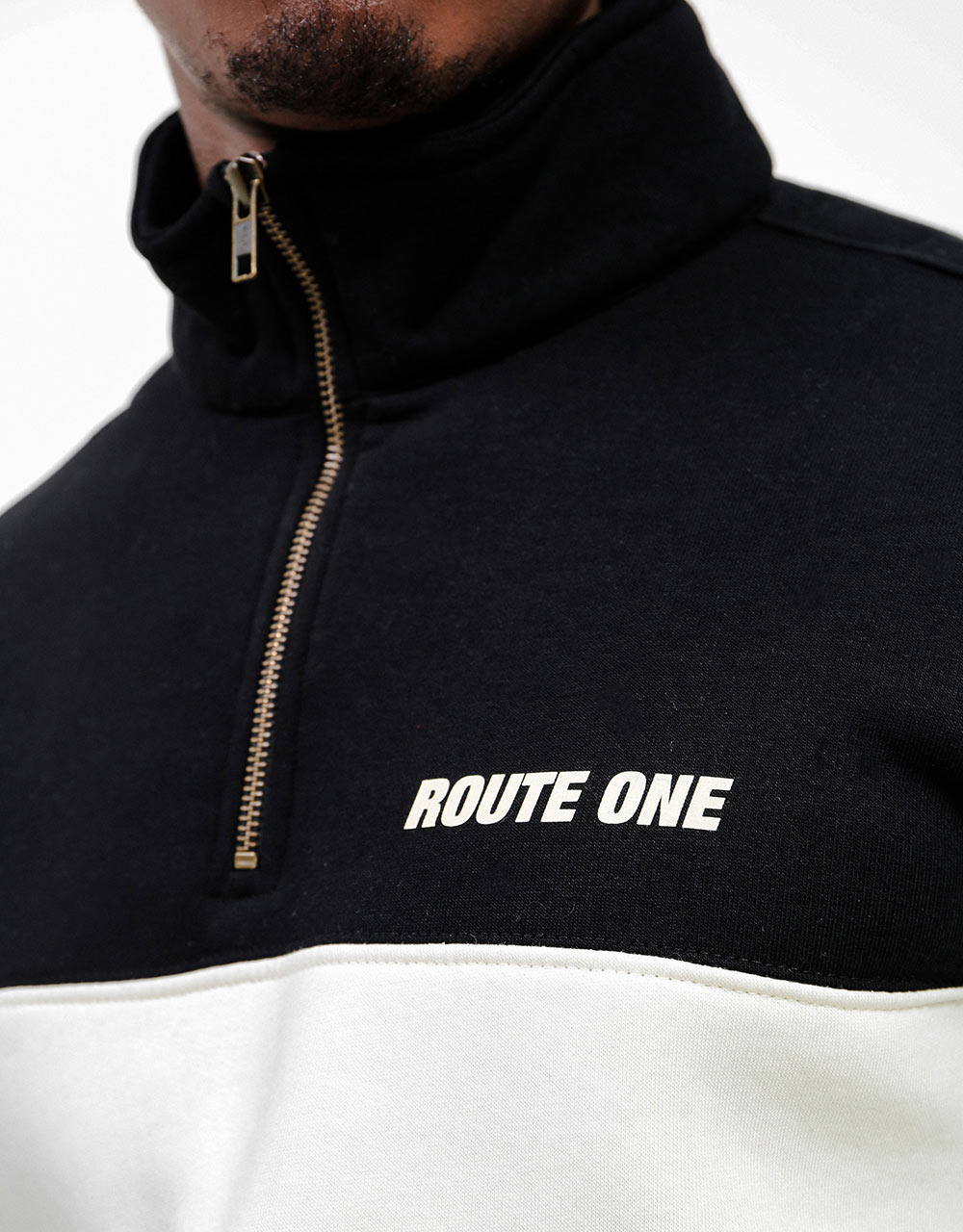 Route One Blocked 1/4 Zip Sweat - Black/Natural