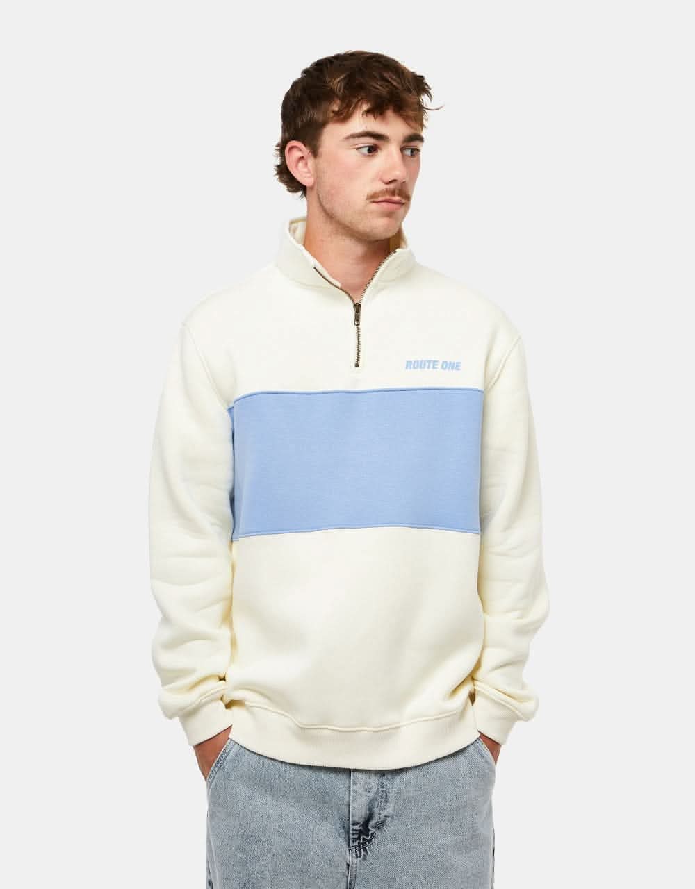 Route One Blocked 1/4 Zip Sweat Stone/Baby Blue