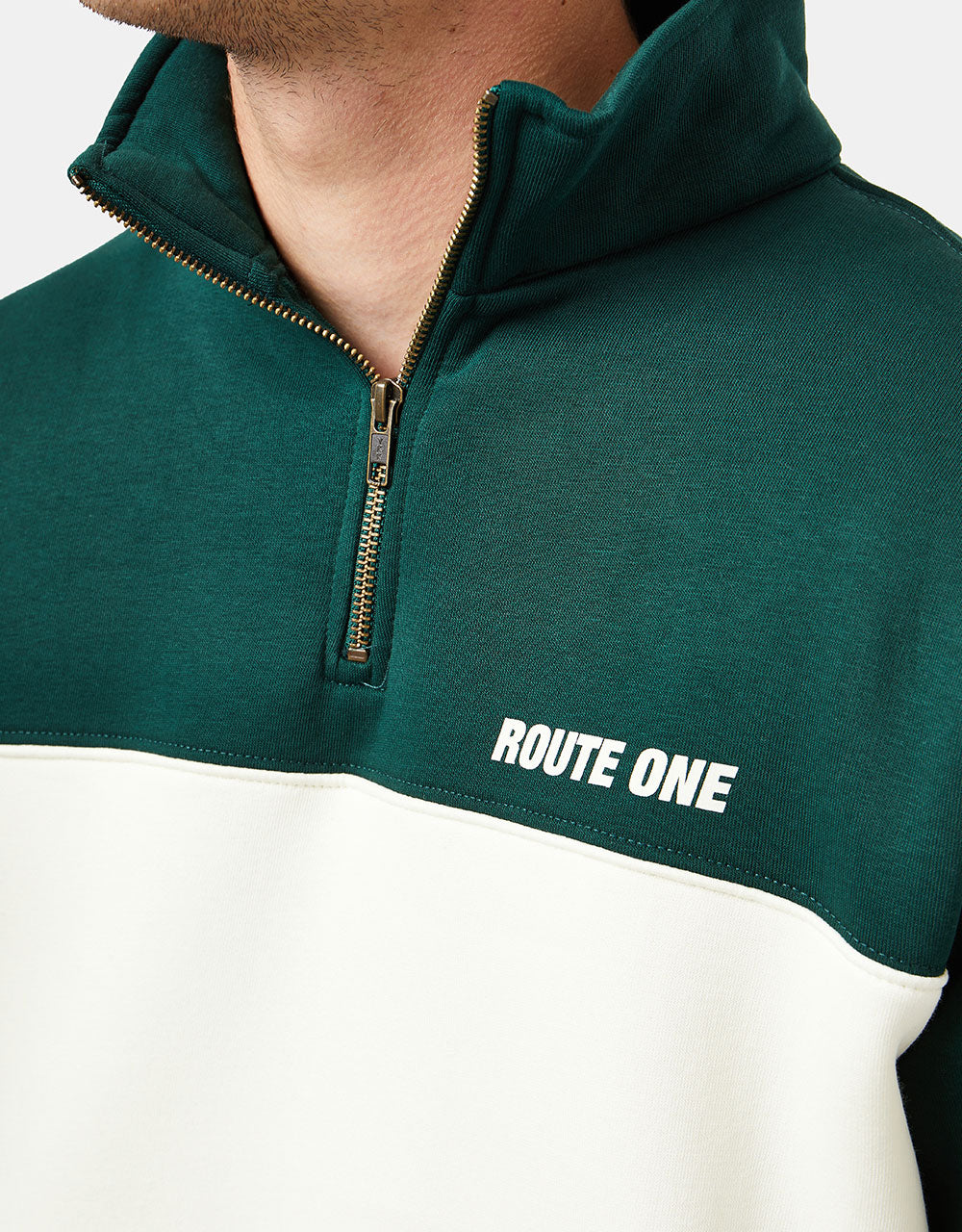Route One Blocked 1/4 Zip Sweat - Forest Green/Stone