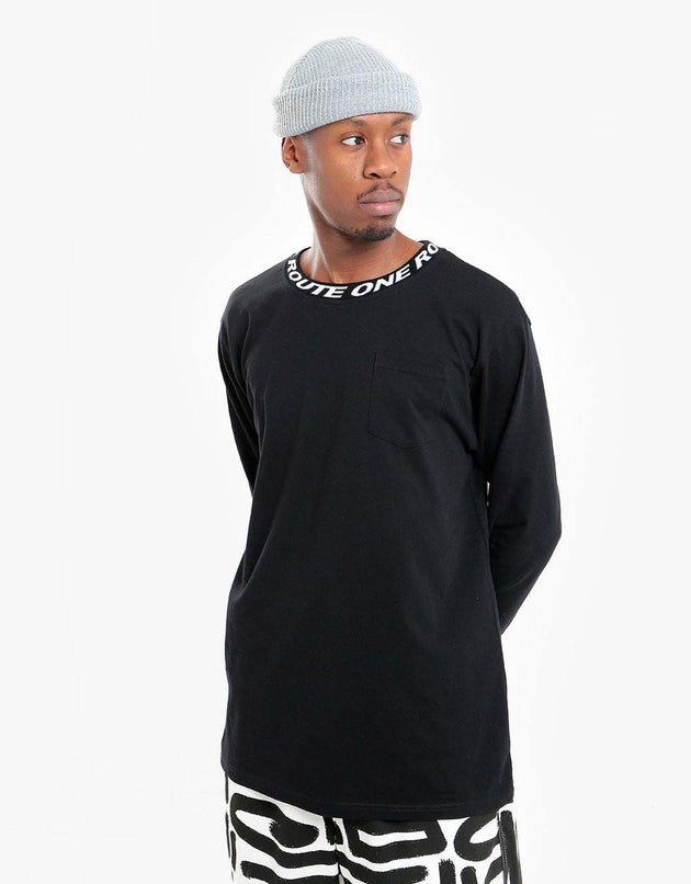 Route One Organic Ribbed Collar Long Sleeve T-Shirt - Black