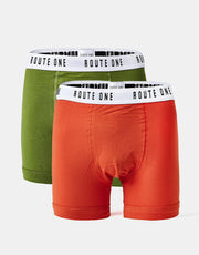 Route One Classic Boxer Shorts 2 Pack - Olive/Burnt Orange