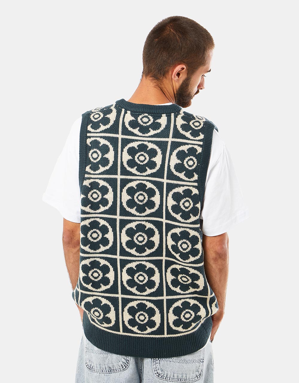 Route One Majolica Knitted Vest - Teal/Ivory Cream