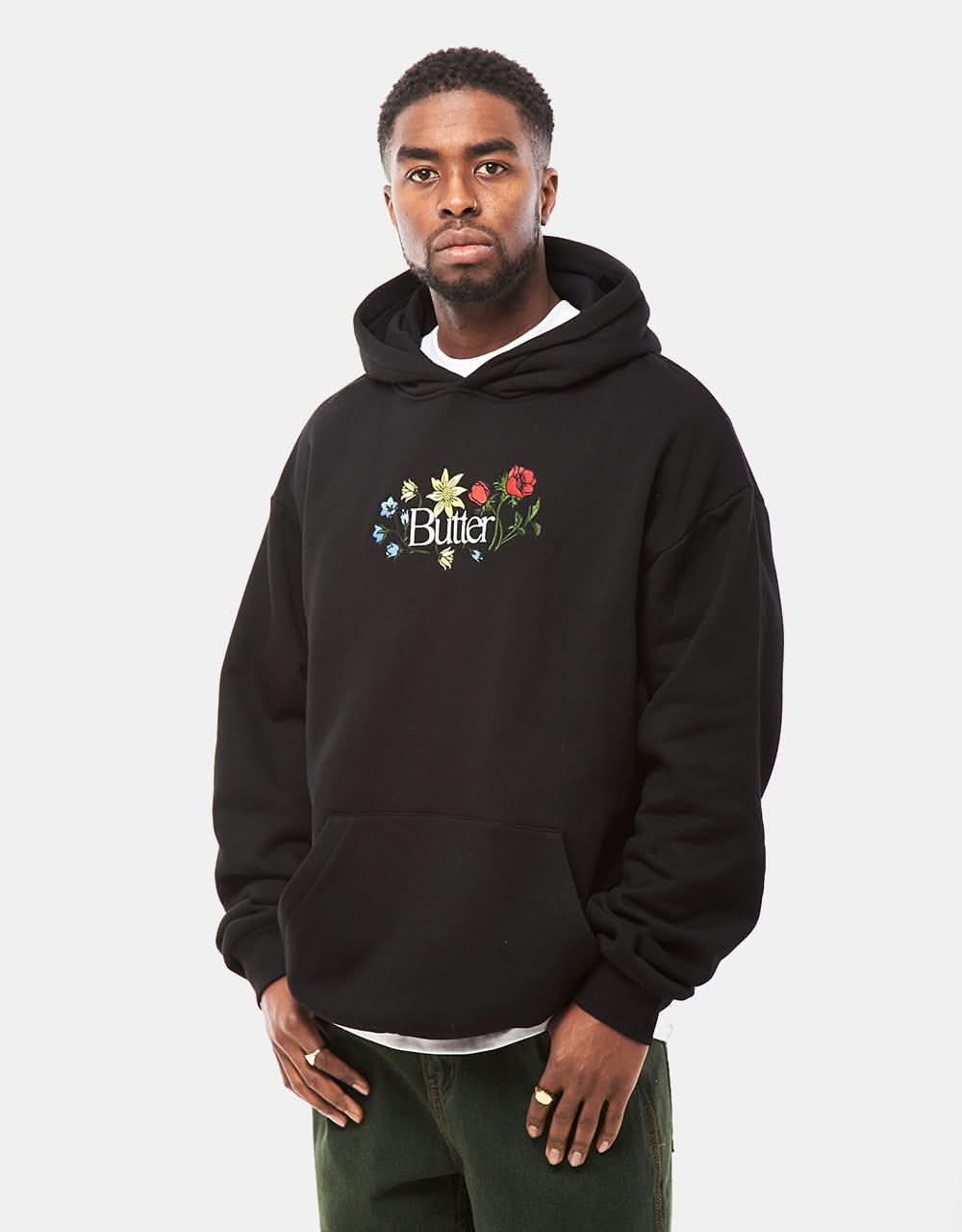 Butter Goods Floral Embroidered Pullover Hoodie Black