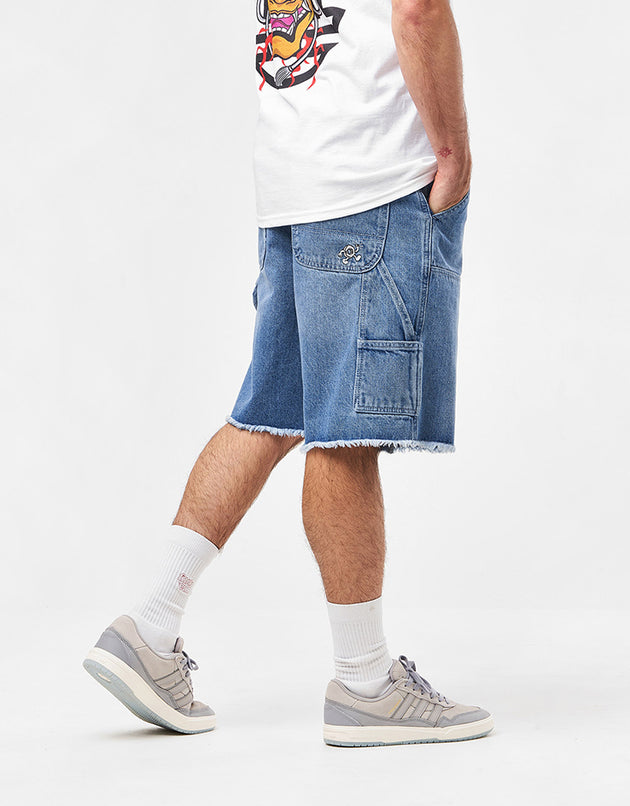 Route One Super Baggy Double Knee Denim Shorts - Washed Blue