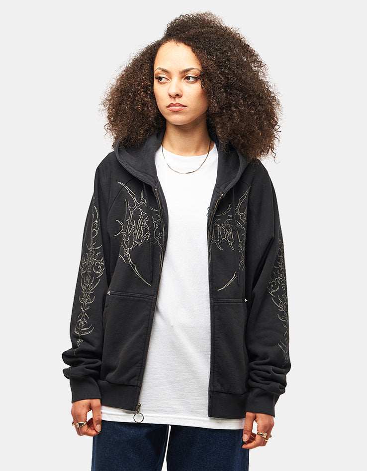 Welcome Grapple Cropped Pigment-Dyed Zip Hoodie - Black (Metal Studs)