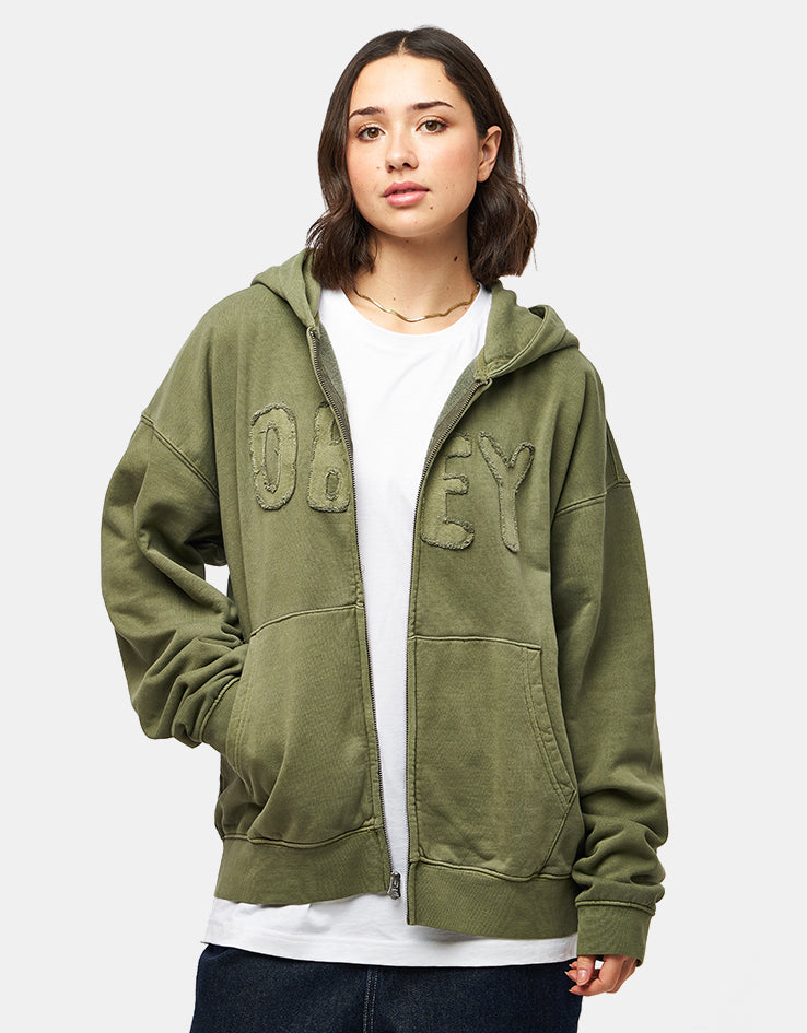 Obey Hybrid Faded Zip Hoodie - Deep Lichen Green Faded Wash