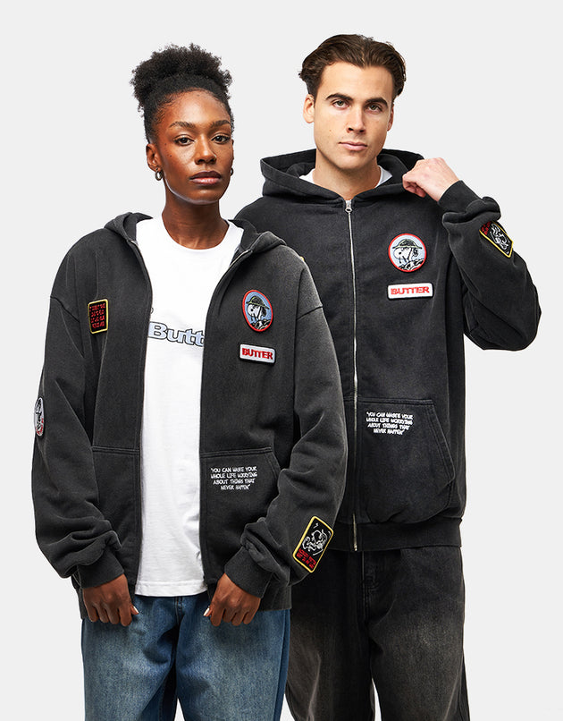 Butter Goods x Peanuts Patches Zip-Thru Hoodie - Washed Black