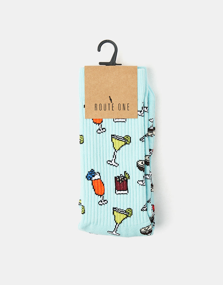 Route One Cocktails Crew Socks - Light Blue
