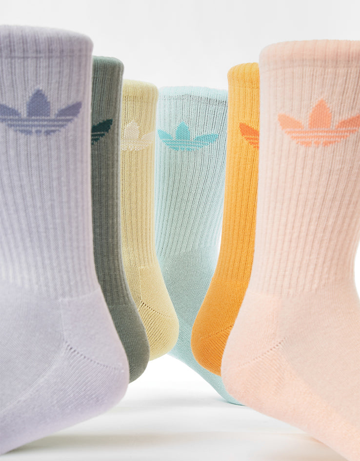 adidas Trefoil Cushion 6 Pack Crew Socks - Silver Green/Glow Pink/Powder Yellow