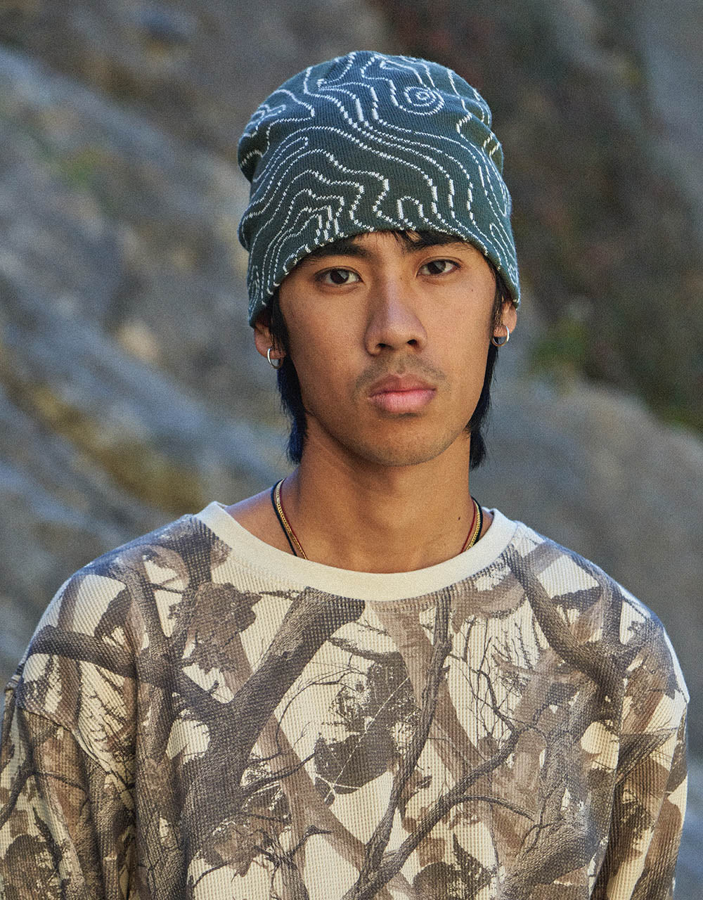 Route One Topographic Cuffless Beanie - Ivy/White