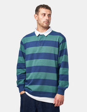Route One Striped Rugby Shirt - Forest Green/Navy Blue