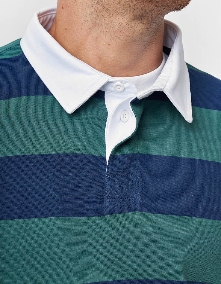 Route One Striped Rugby Shirt - Forest Green/Navy Blue