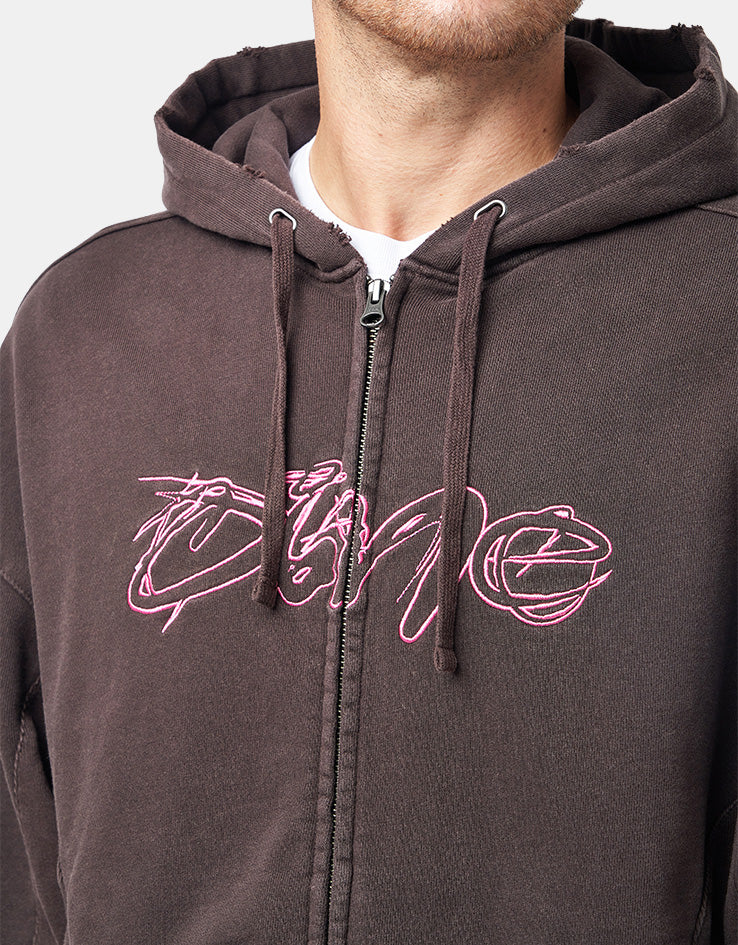 Dime MTL Distressed Terry Zip Hoodie - Acid Brown