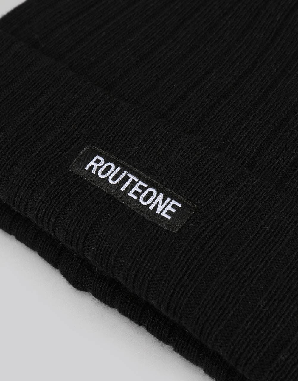 Route One Ribbed Bobble Beanie - Black
