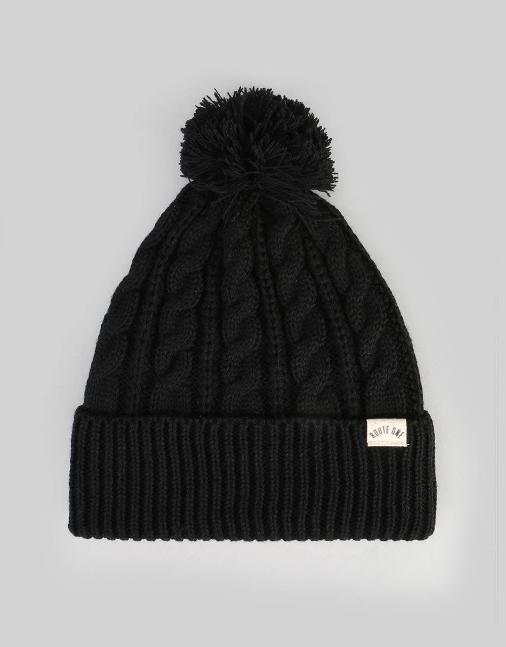 Route One Cable Bobble Beanie - Black