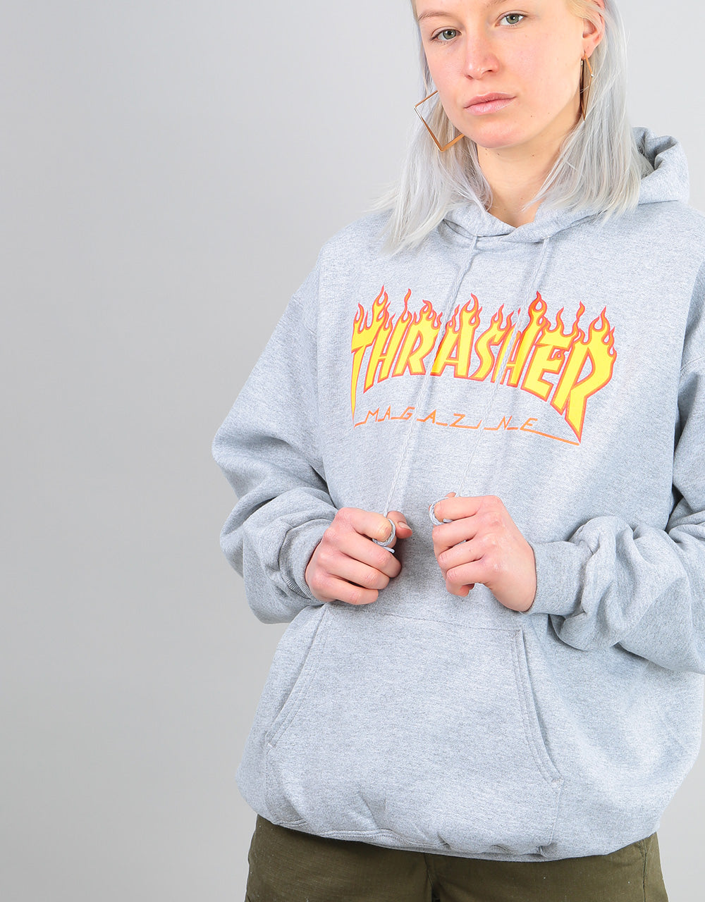 Thrasher Womens Flame Logo Oversized Pullover Hoodie - Heather Grey