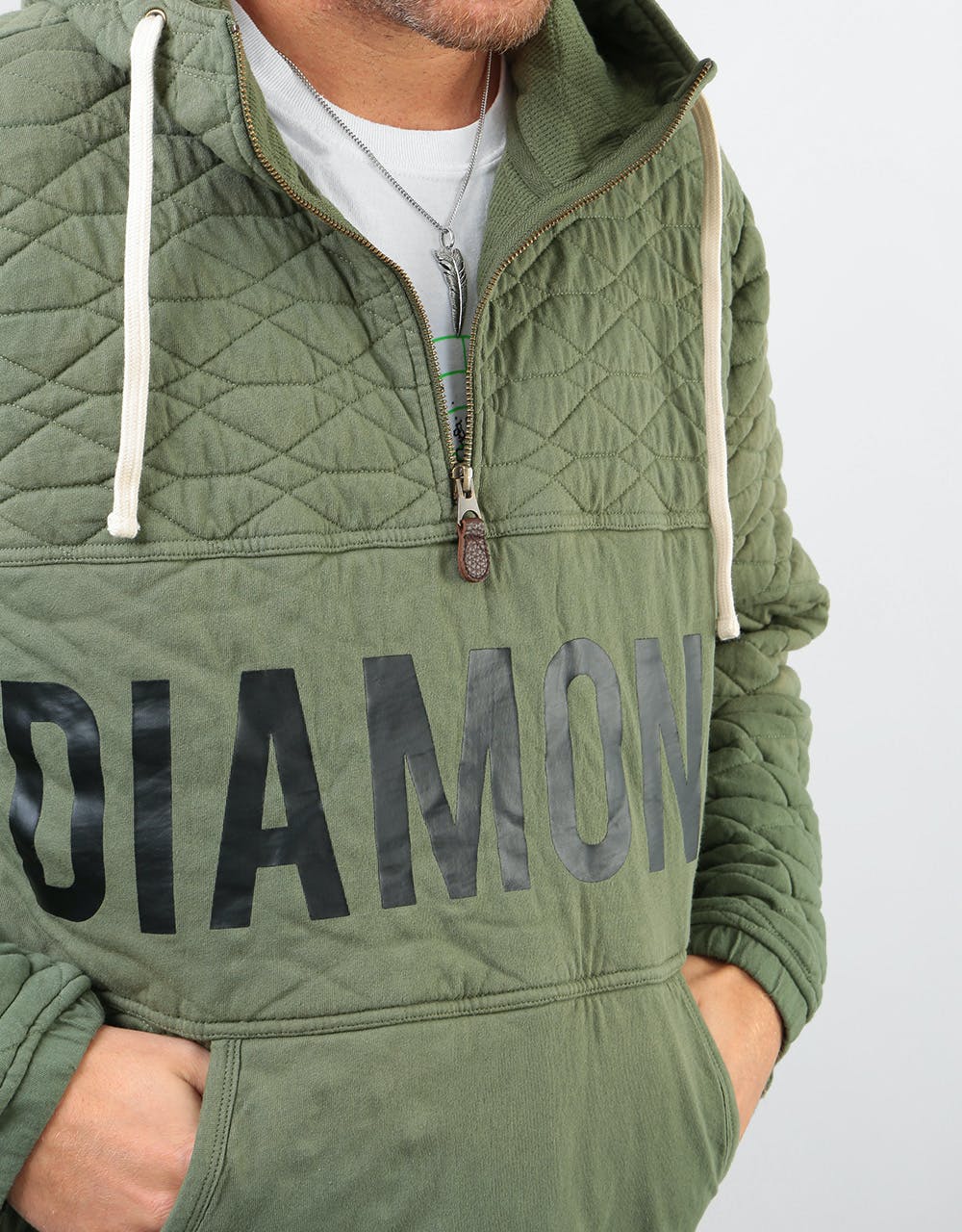 Diamond Quilted Quarter Zip Pullover Hoodie - Olive