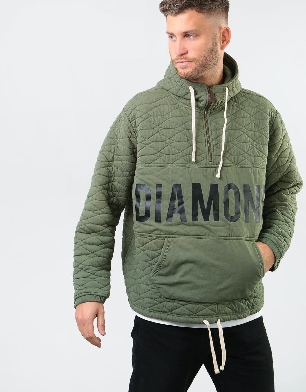 Diamond Quilted Quarter Zip Pullover Hoodie - Olive