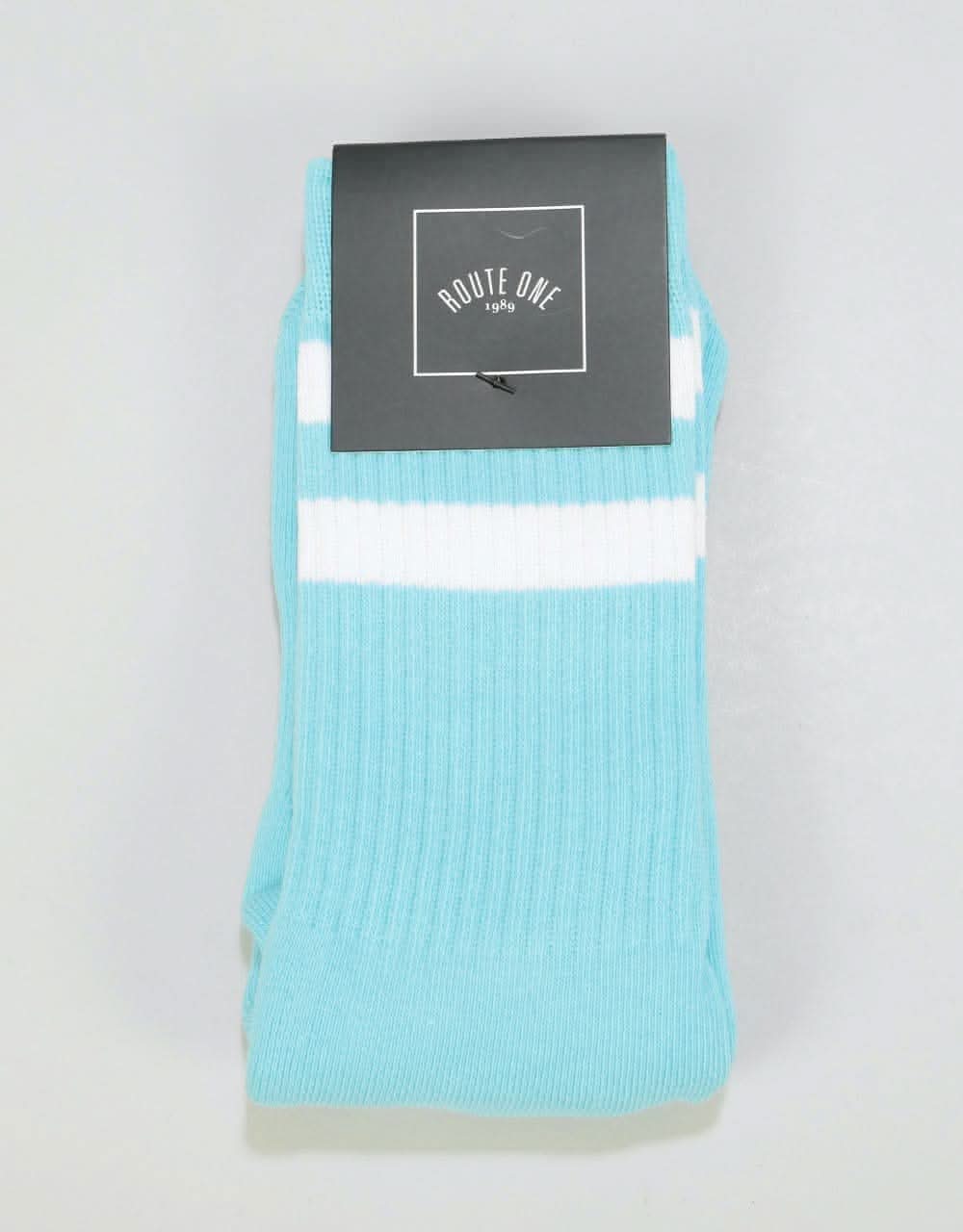 Route One Classic Crew Socks - Pastel Blue/White