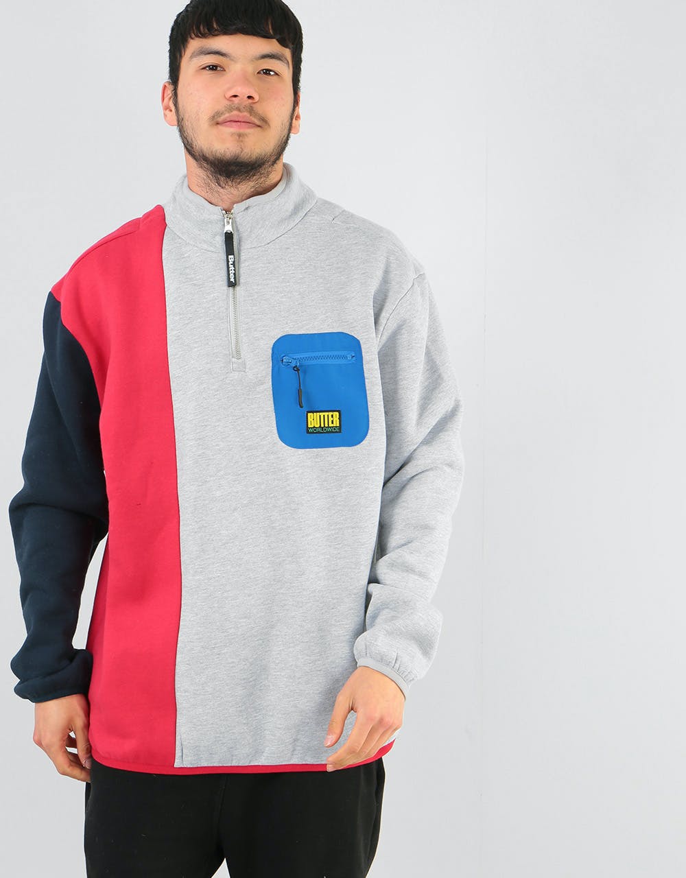 Butter Goods Tres 1/4 Zip Pullover - Ash/Red/Navy