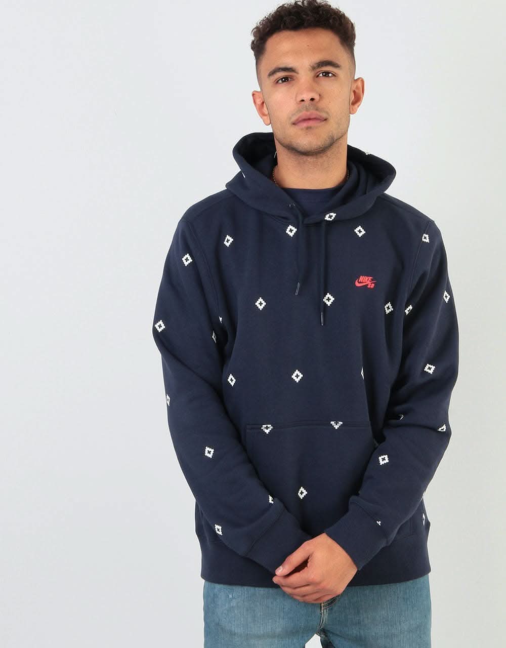 Nike SB Diamond Icon Pullover Hoodie - Obsidian/Sail/Bright Crimson