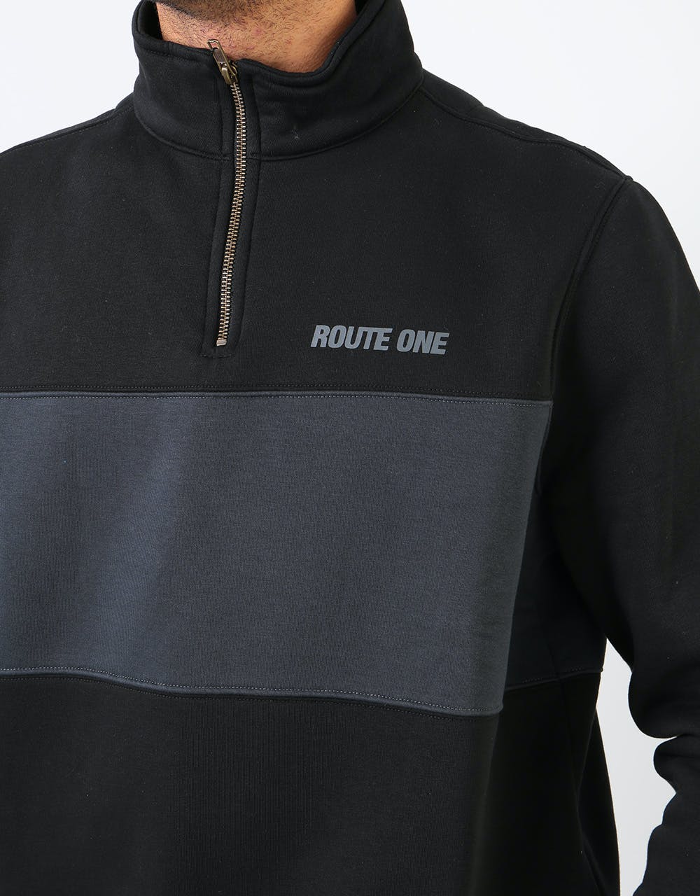 Route One Panelled 1/4 Zip Sweat - Black/Graphite/Black