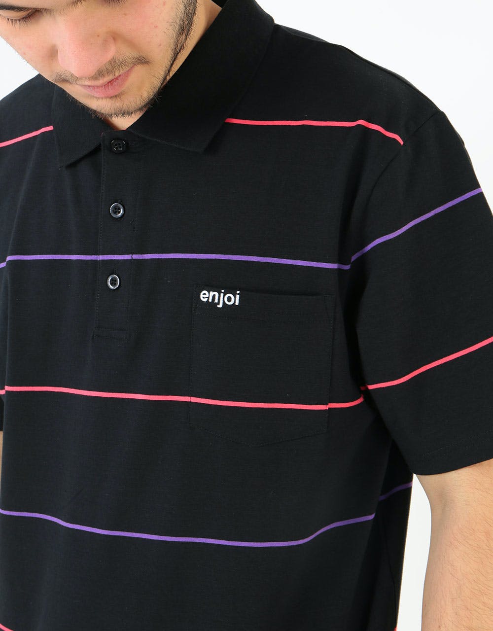 Enjoi No Comply S/S Polo Shirt - Black/Coral Stripe