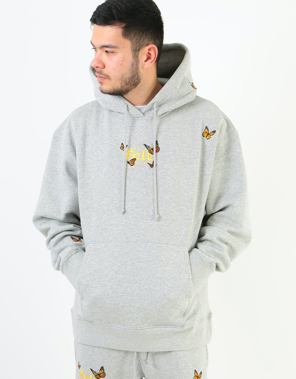 Felt Butterfly Embroidered Pullover Hoodie - Heather Grey