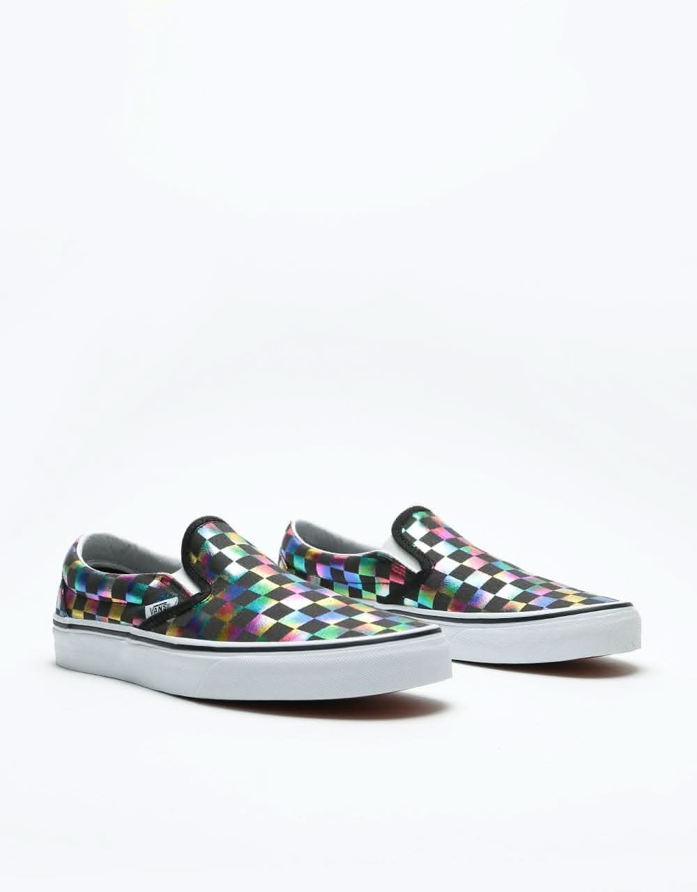 Vans Classic Slip-On Skate Shoes - (Iridescent Check) Black/True White