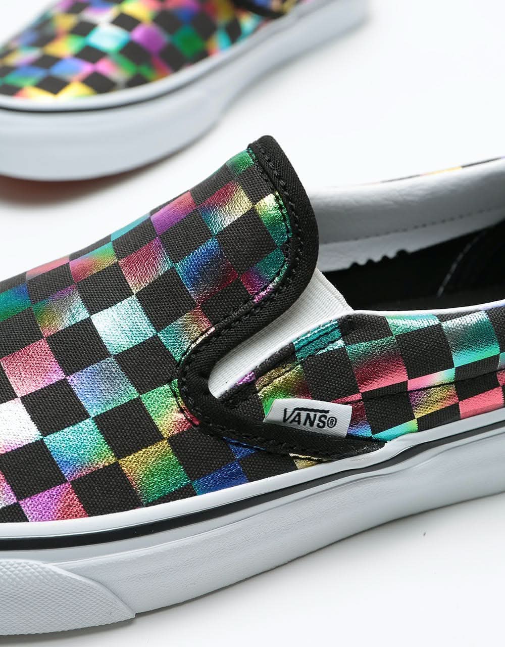 Vans Classic Slip-On Skate Shoes - (Iridescent Check) Black/True White