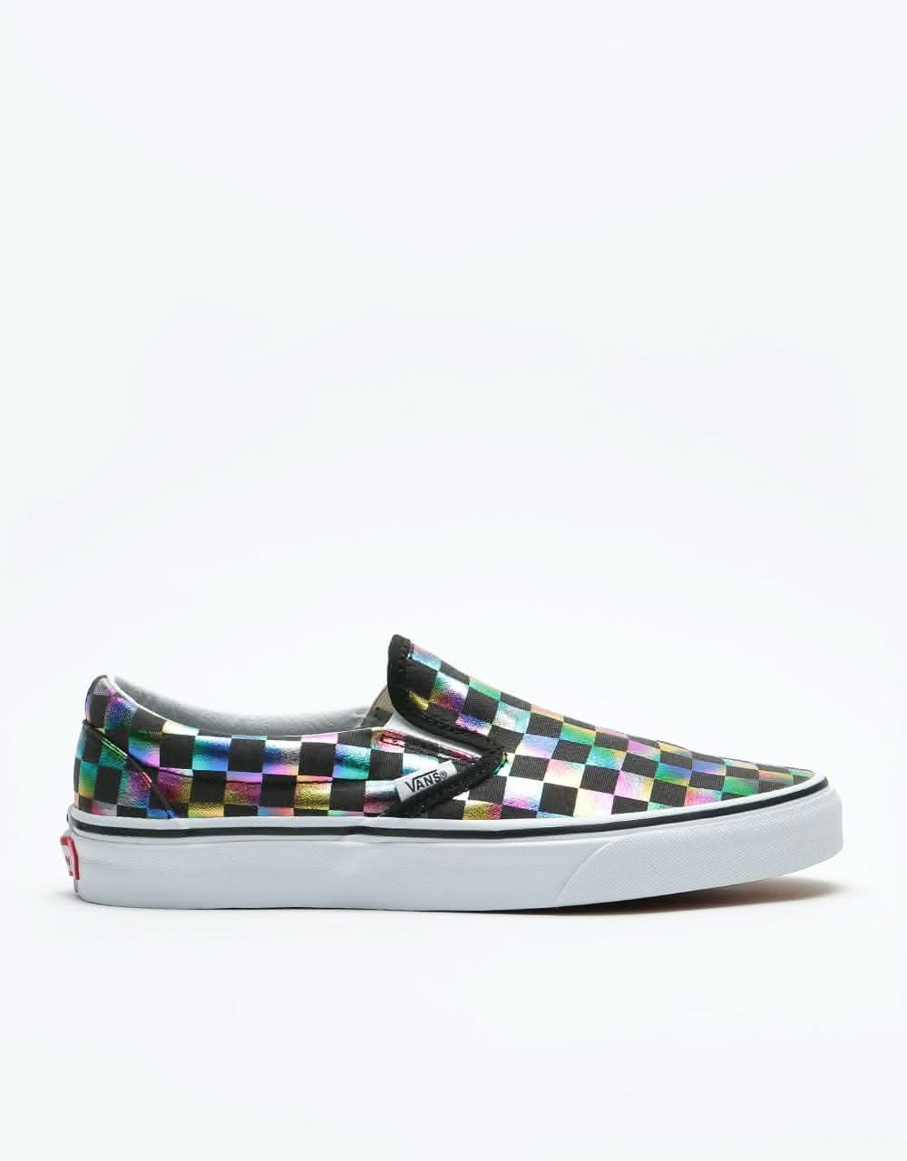 Vans Classic Slip-On Skate Shoes - (Iridescent Check) Black/True White