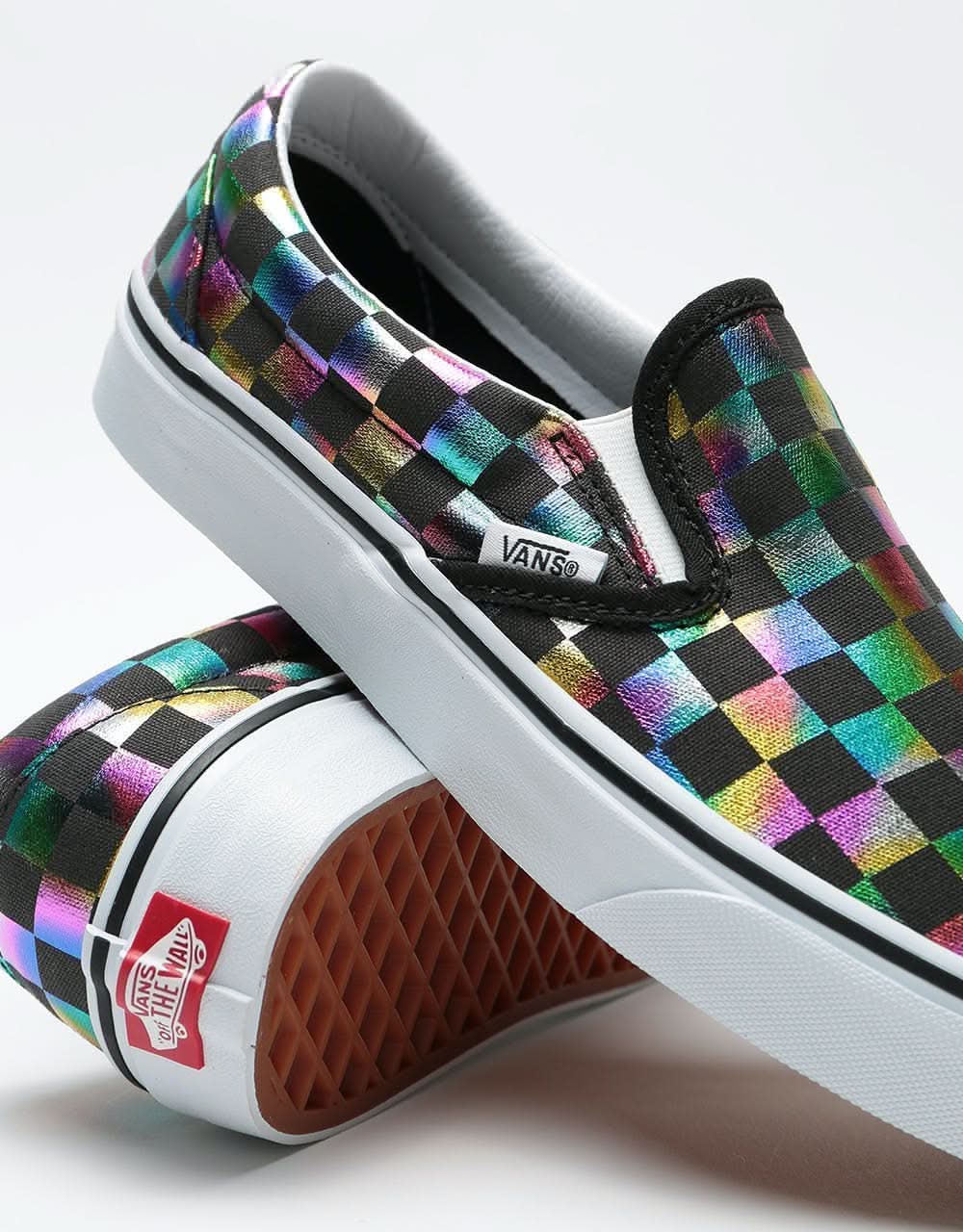 Vans Classic Slip-On Skate Shoes - (Iridescent Check) Black/True White