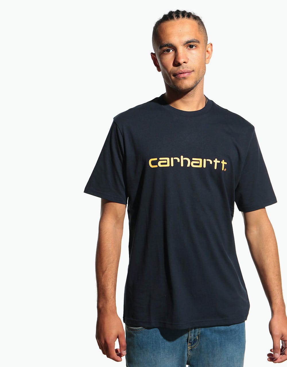 Carhartt WIP S/S Script T-Shirt - Dark Navy/Pop Orange
