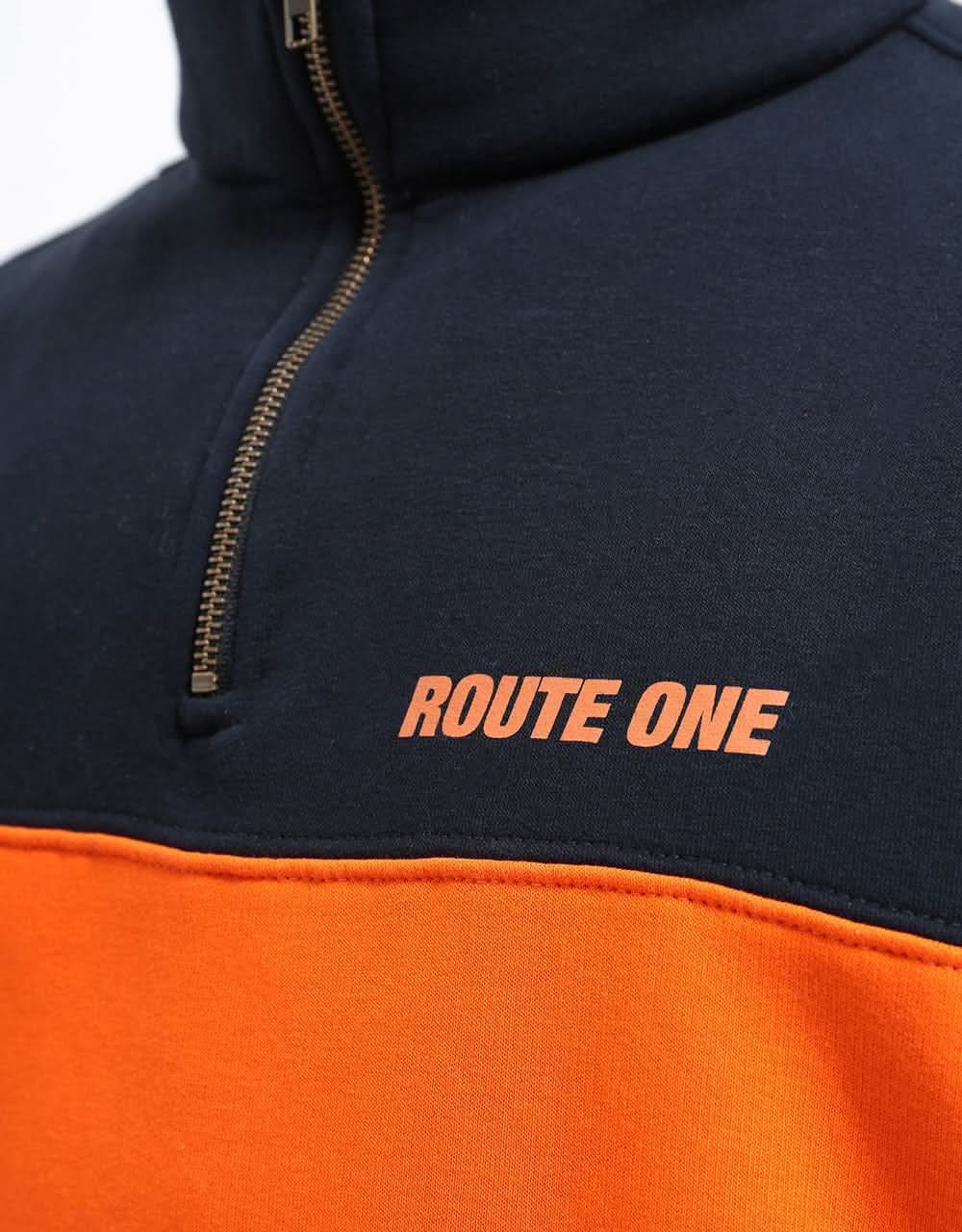 Route One Blocked 1/4 Zip Sweat - Navy/Orange