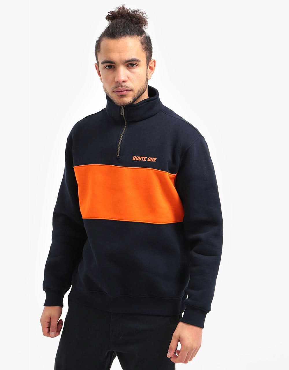 Route One Blocked 1/4 Zip Sweat - Navy/Orange