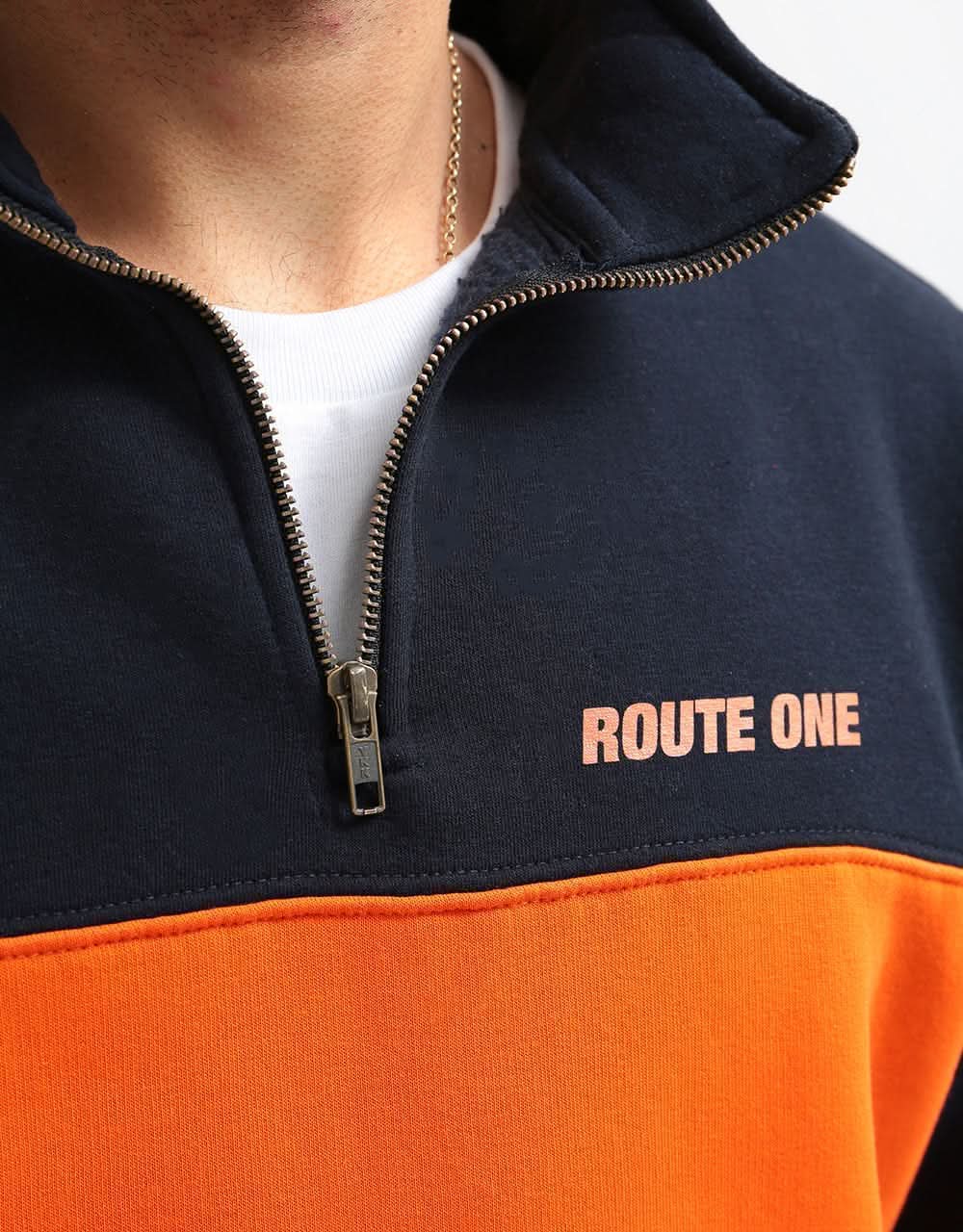 Route One Blocked 1/4 Zip Sweat - Navy/Orange