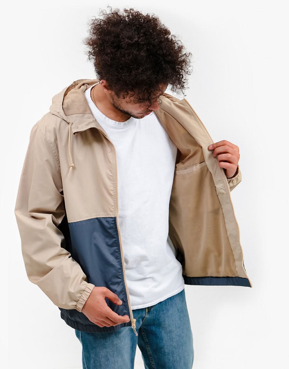 Brixton Claxton Crest Lightweight Zip Hood Jacket - Vanilla/Steel Blue