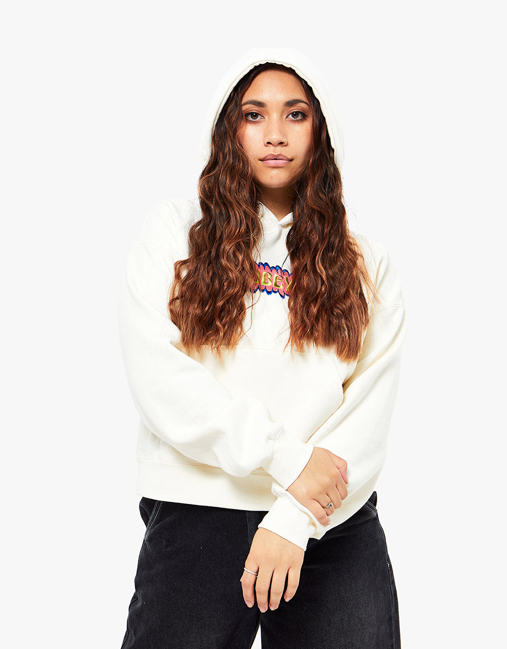 Obey Womens Bubble Cropped Pullover Hoodie - Unbleached
