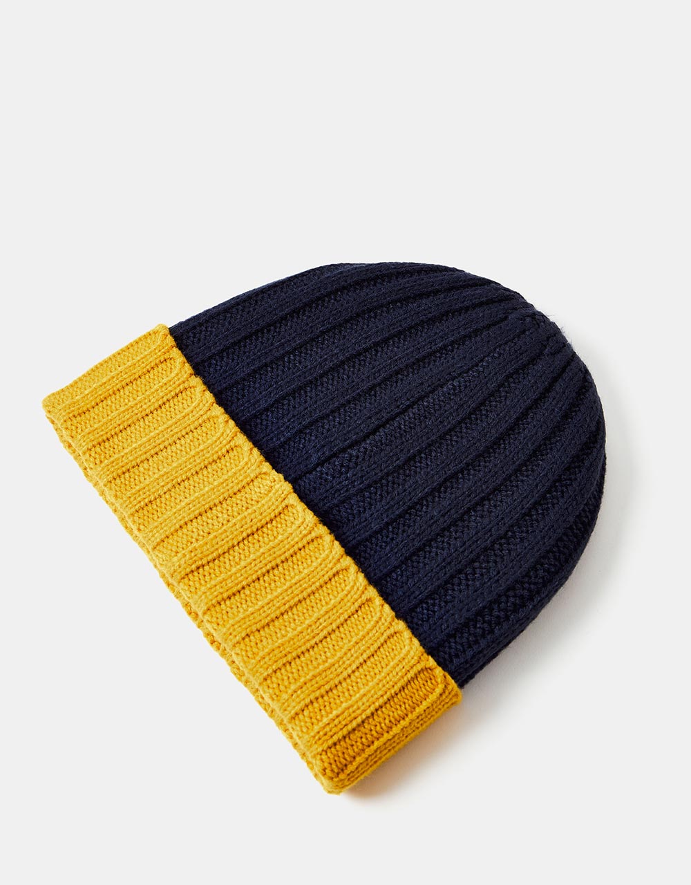 Route One Recycled Two Tone Ribbed Beanie - Navy/Sunflower
