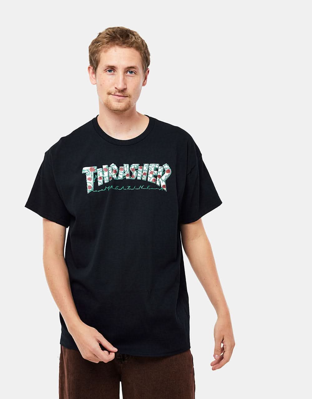 white thrasher shirt with roses