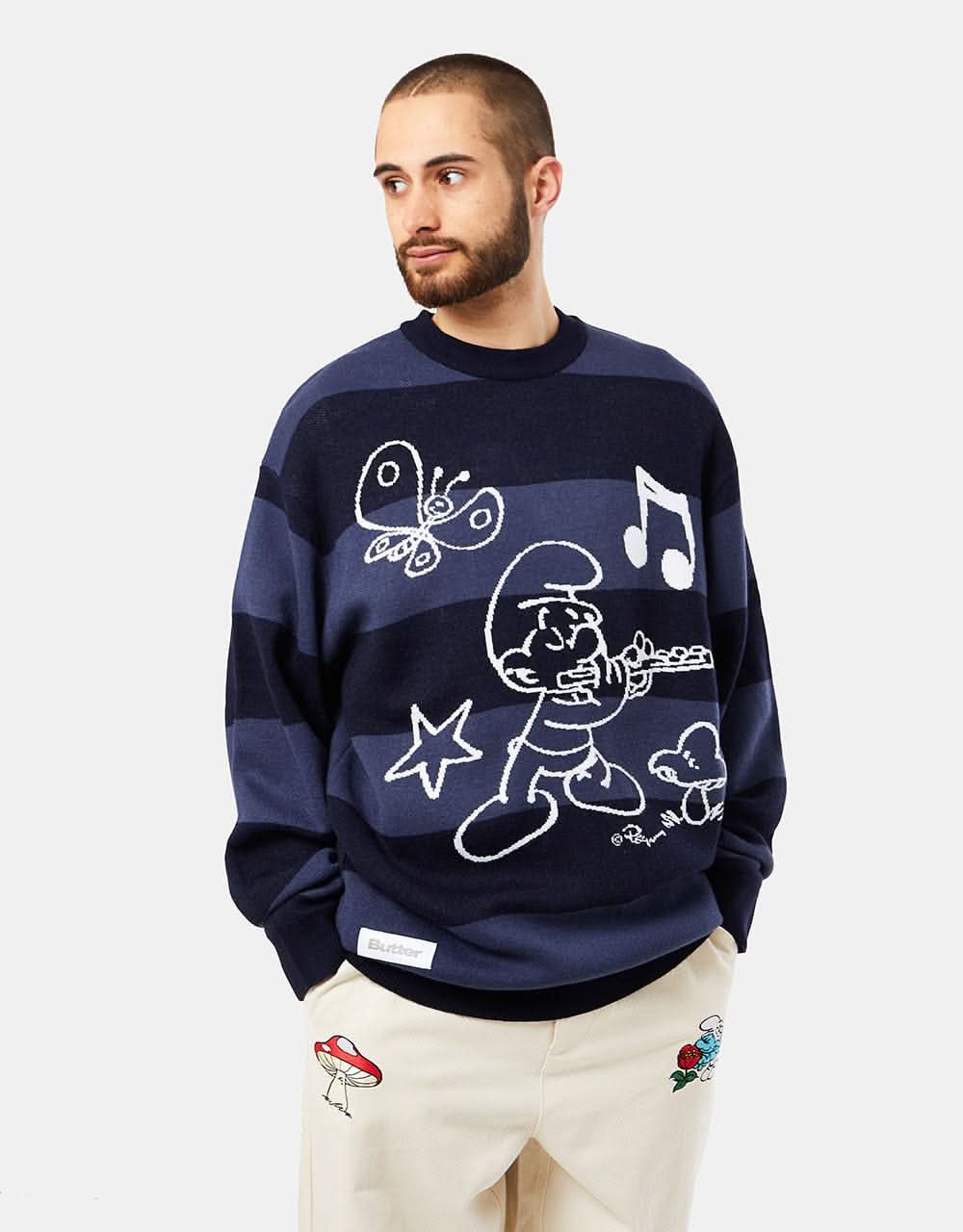 Butter Goods x The Smurfs Flute Stripe Knit Sweater Navy